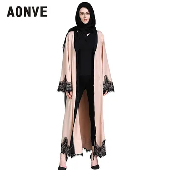 

Aonve Ladies Open Abaya Muslim Clothing Turkish Islamic Women Robe Fashion Lace Islam Kaftans Female Long Apricot Caftan