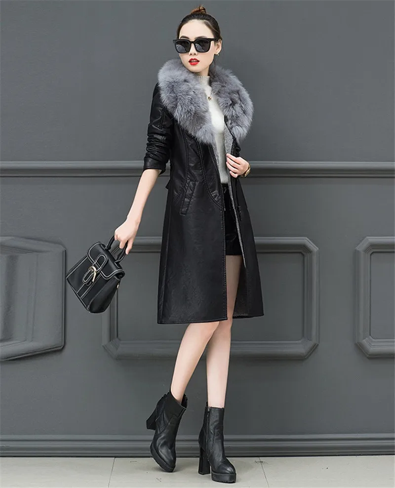 Высококачественная кожаная женская куртка осень зима меховой воротник длинный плюс бархат толстый хлопок пальто из искусственной кожи теплое пальто