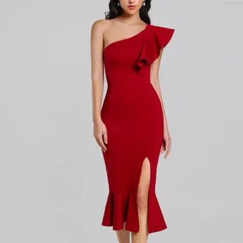 

DressBird Women Summer Bodycon Party Dresses Sexy Red Black One Shoulder Ruffles vestidos verano Kitted Glitter Dress for Girl