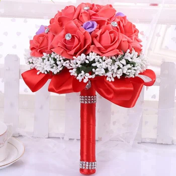

100% New Handmade PE Rose Artificial Wedding Flowers Pearls Patchwork Bride Wedding Bouquets With Ribbon Accents Decorative