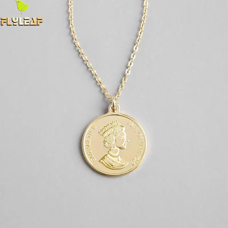 Форзац 925 пробы Серебряное ожерелье для женщин Elizabeth Coin круглая бирка модная цепочка хорошее ювелирное изделие золотые простые ожерелья и подвески - Цвет камня: 925 sterling silver
