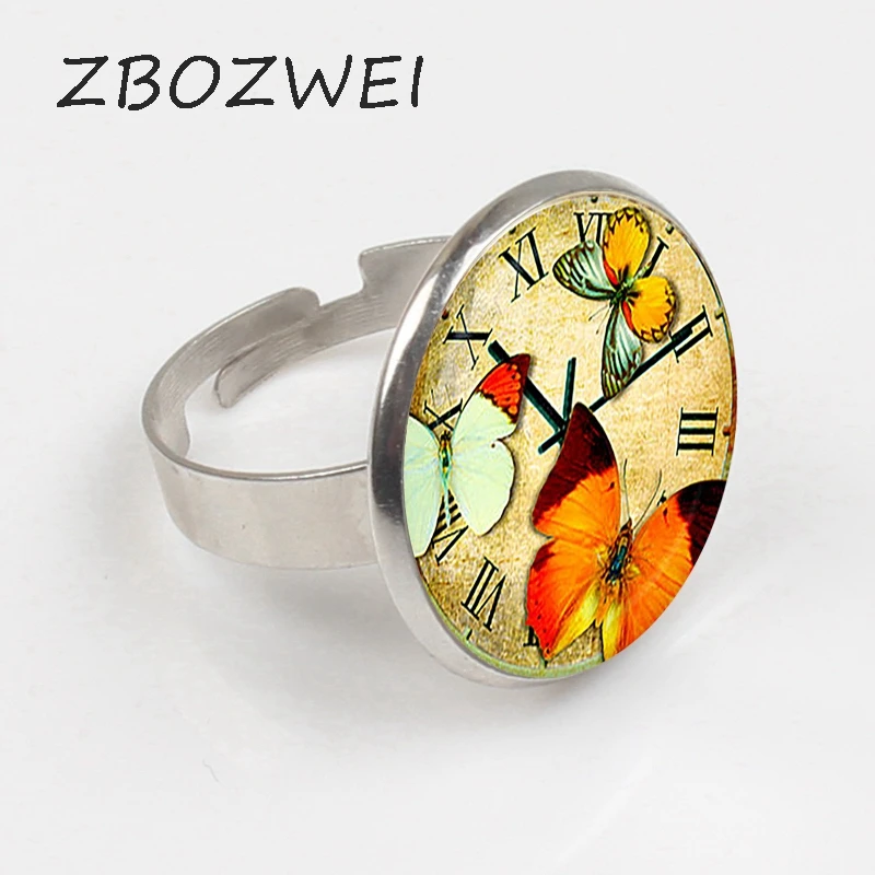 

ZBOZWEI 2018 Silver Plated Clock Butterflies Ring Retro Art Picture Clock Ring Woman fashion Jewelry Christmas Friendship Gift