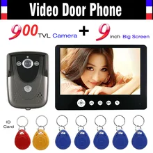Comercio al por mayor de Vídeo Teléfono de Puerta de Intercomunicación Timbre de la Puerta 9 Pulgadas Monitor 900TVL HD Cámara de Visión Nocturna Por INFRARROJOS Con Conexión de Cable timbre de La Puerta RFID Keyfob