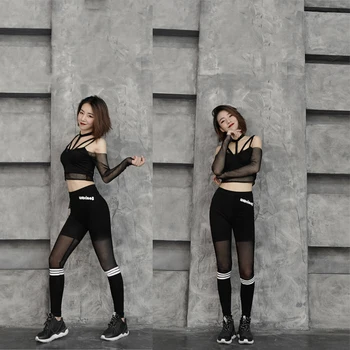 

Black Jazz Costumes Sexy Top With Bare Shoulders And Bare Navel For Woman Street Dabce Hip Hop Mesh Clothing DQT1157