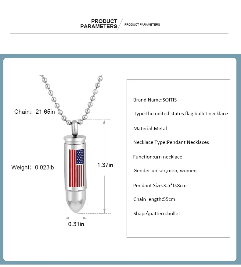 SOITIS ожерелье с гравировкой флага США в форме пули, модное популярное ювелирное ожерелье с цепочкой из бисера