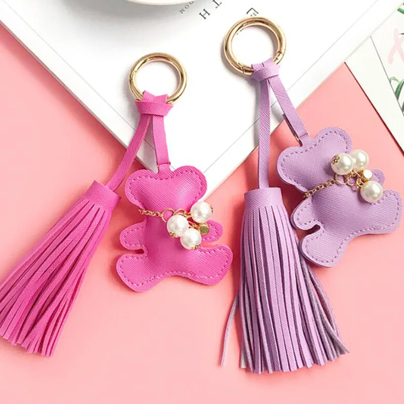 

New PU Leather Bear Key Chain Tassel Key Ring Car Bag Keychain For Women Jewelry Accessories Gift