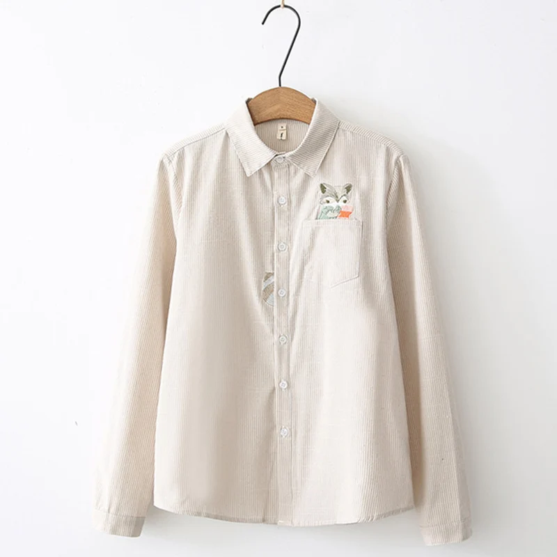 FEKEHA Fox Embroidery Long Sleeve Women Blouses And Shirts Red Grey Beige Female Ladies Casual Shirt Tops Stripe Blusas Blouse