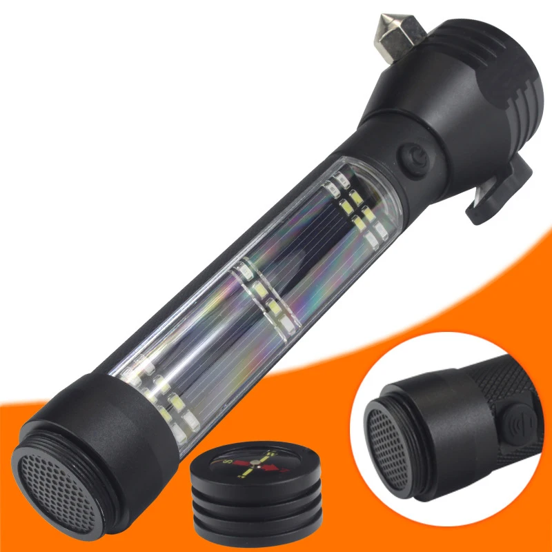 

1080 Lumens LED Solar Powered Safety Warning Flashlight Multi-Function Vehicle Emergency Escape Hammer Hunting Flashlight