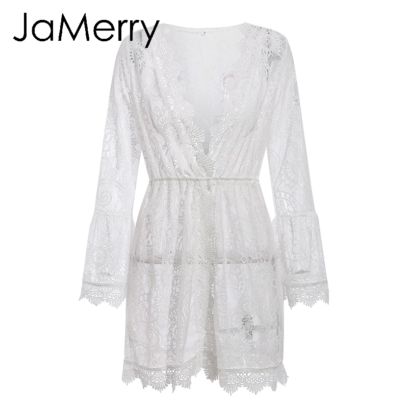 JaMerry Boho винтажное Сексуальное Женское Платье с вырезами элегантное кружевное