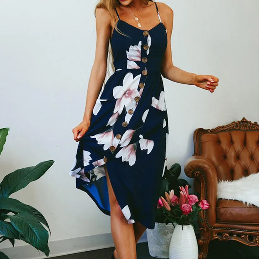 Женское платье с цветочным принтом Moda mujer элегантное пляжное на бретельках