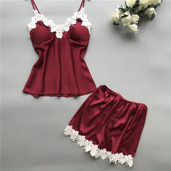 

Women Sexy Lingeries Silk Appliques Cami Top And Shorts Two Pieces Pajama Sets Sexy Lace Pajamas Sleepwear Home Clothes