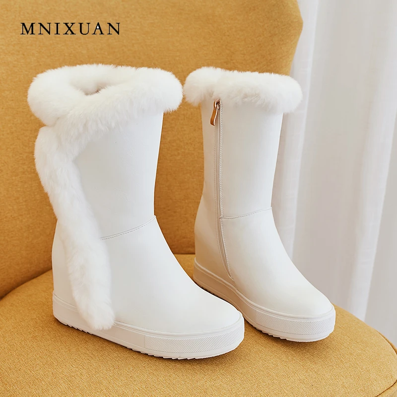 

MNIXUAN Handmade women shoes winter ladies boots warm plush fur snow boots increased medium heels round toe zipper mid calf boot