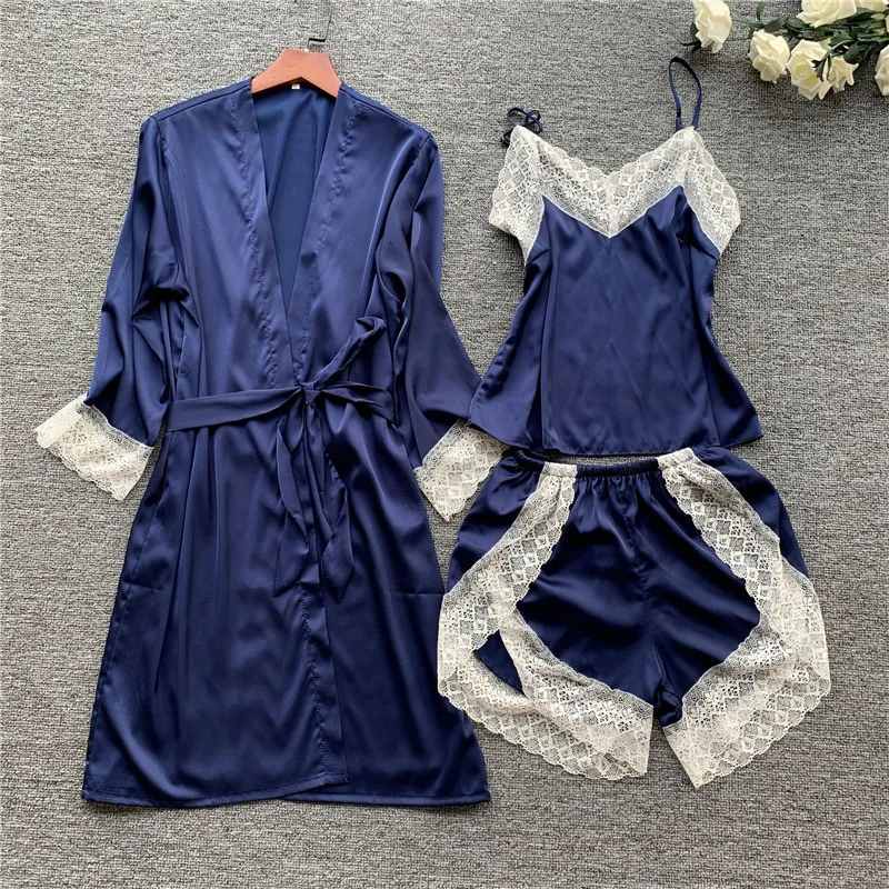 

Summer New 3PCS Strap Shirt&Shorts&Robe Home Clothes Sexy Lace Women Sleepwear Negligee Casual Rayon Bathrobe Gown Nightwear
