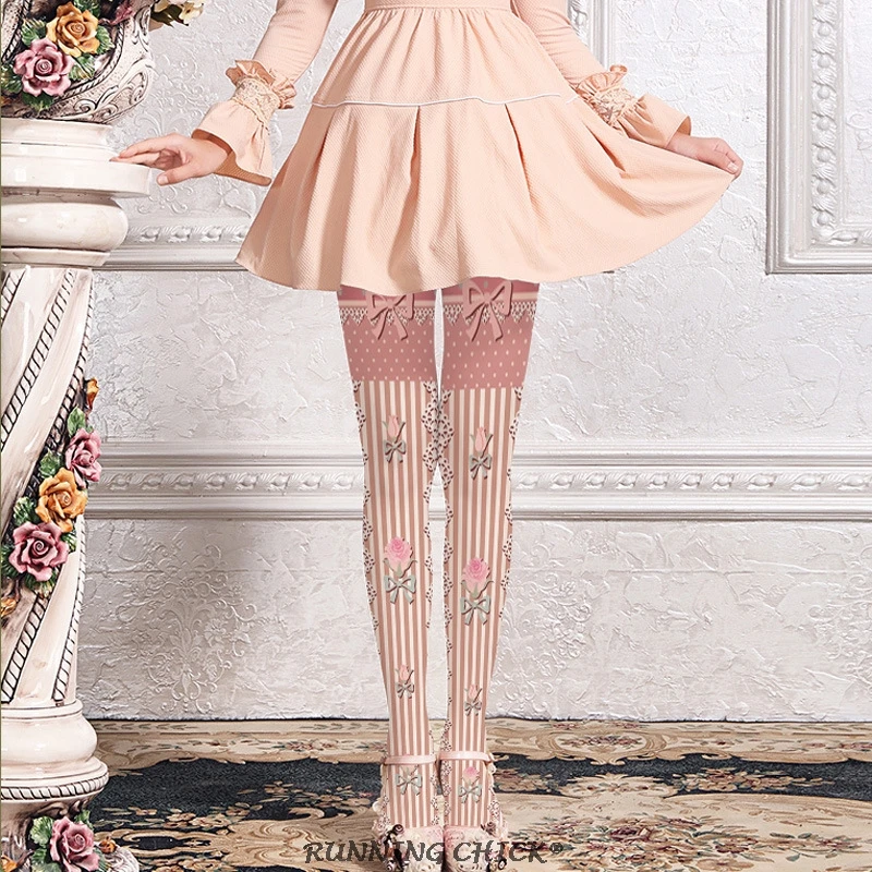 

Lace bow small flower sweet printed pantyhose