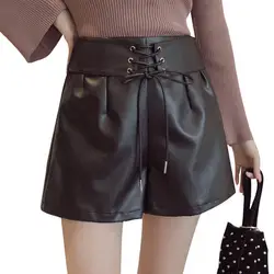 NORMOV 2019 Осень Зима кожаные женские шорты из полиуретана средняя талия широкие карманы тонкие ленты черный полиэстер плюс размер шорты