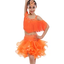 Настроить девушка оранжевый латинский танец платье профессиональная женщина сплит кисточкой блестками Румба Самба Танго танец соревнование платье