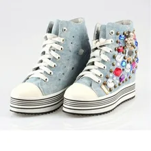 Новая повседневная обувь в стиле панк, римском стиле, с высоким верхом, на шнуровке, из джинсовой ткани, с заклепками, на платформе, с вырезами, из дышащего материала, со стразами