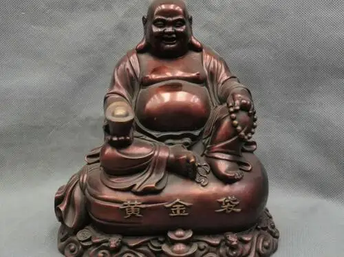 YM 304 8" China Happy Maitreya Buddha Laughing Monk Sit Gold Bag Bronze Statue | Дом и сад