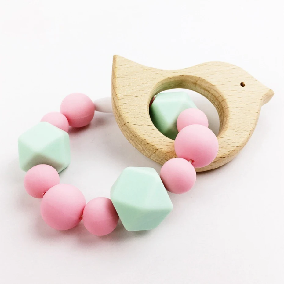 

Bite Bites Silicone Teether Bracelet For Baby Teething Wooden Bird Silicone Beads DIY Teething Round And Irregular Shapes Toy