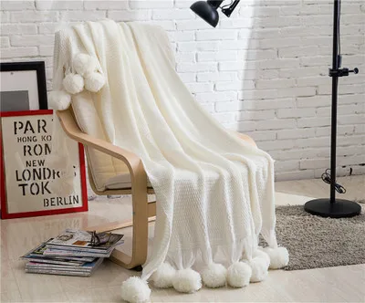 Кашемировое одеяло, вязаное одеяло, высокое качество, меховой шар, белое одеяло, 120*180 см, покрывало для дивана, cobertor, плед на кровать, покрывало