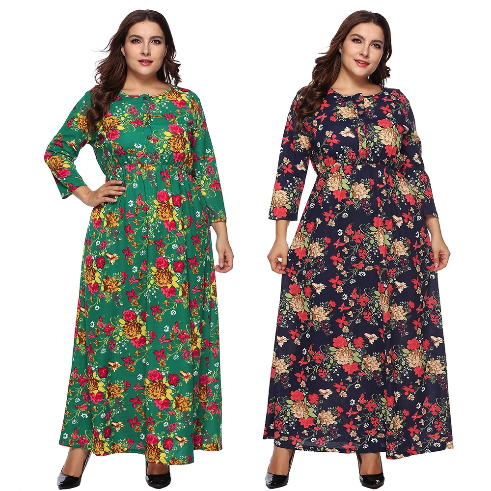 

Large Size Women's Print Long Dress Boho Seven-Point Sleeve O-neck Dresses For Lady Button Waist Dress Female Clothing