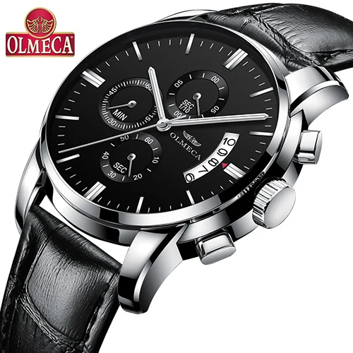 OLMECA часы для мужчин модные повседневные спортивные часы Relogio Masculino хронограф светящийся Водонепроницаемый Бизнес relojes кварцевые часы - Цвет: Leather Silver Black