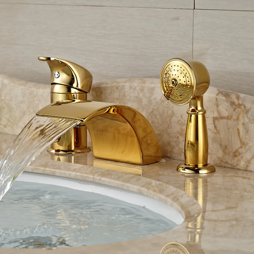 

Golden Widespread Waterfall Bathtub Mixer Faucet Set Single Handle with Handshower Tub Faucet Deck Mount