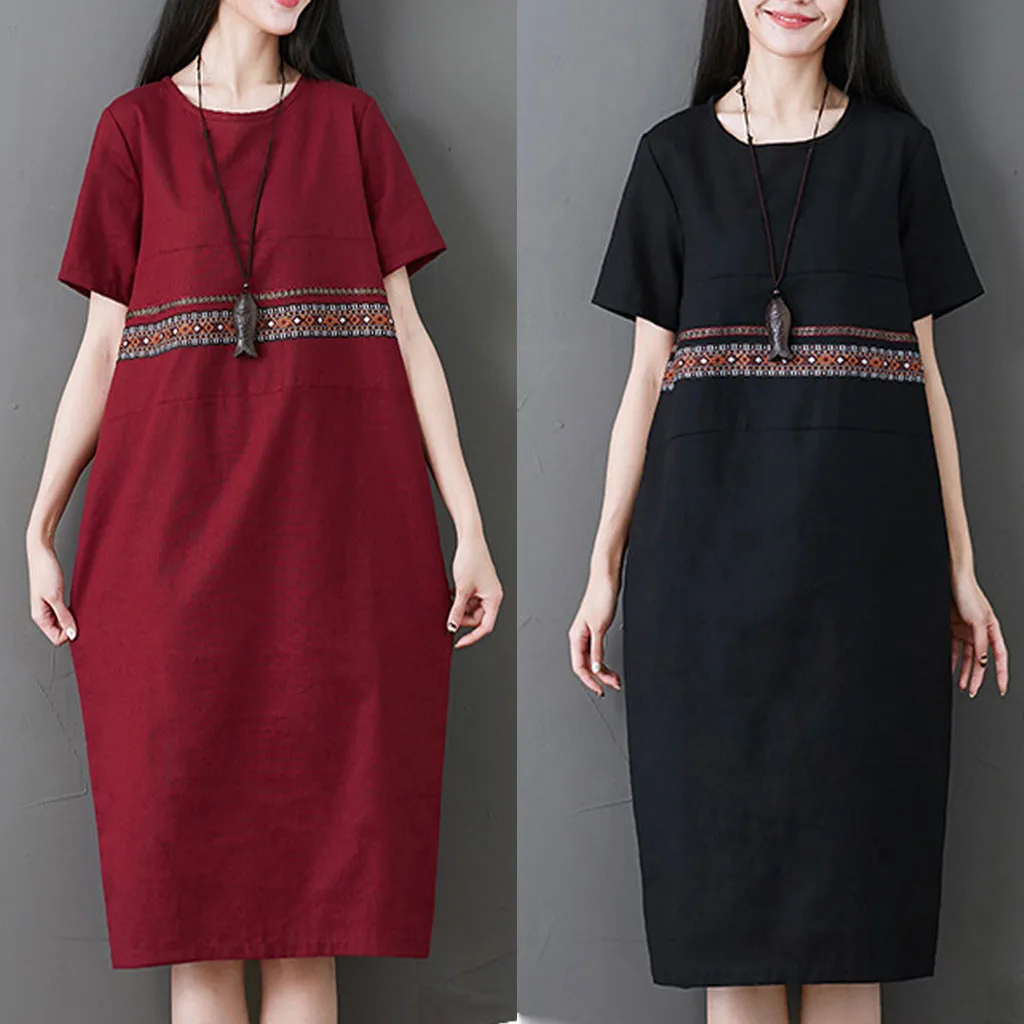 Вечерние Высокая талия шифон DressesWomen из хлопка и льна с круглым вырезом плюс Размеры короткий рукав карман свободные длинные летние DressY426