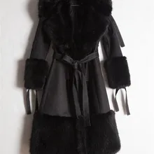 Женская кожаная куртка, куртки с воротником из искусственного меха лисы, зимнее теплое пальто из замши с мозаикой, модная черная длинная куртка, меховые пальто