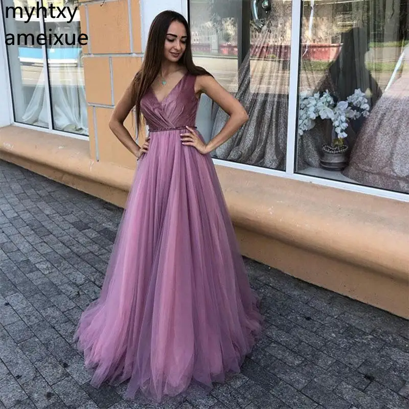 

Custom Simple V-neck Event Prom Dresses Romantic Purple Pleats Satin Long Formal Party Dress 2021 New Special Occasion Plus Size