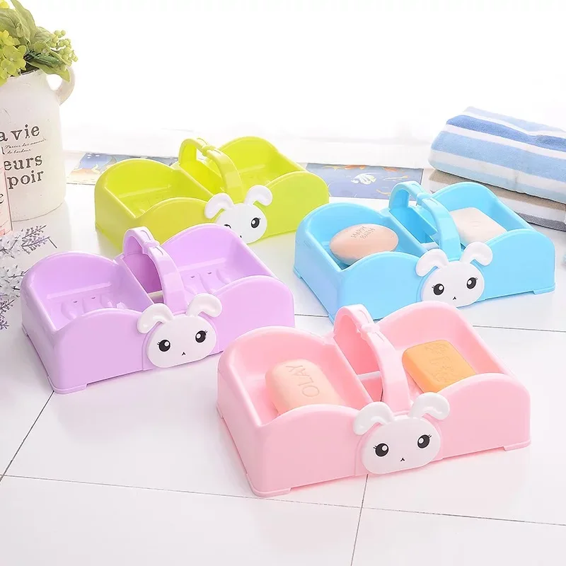 Bathroom Soap Dishes Box Holder Cute Double Lattice Portable Soap Box Creative Handle Drain Soap Dish Bathroom Accessories