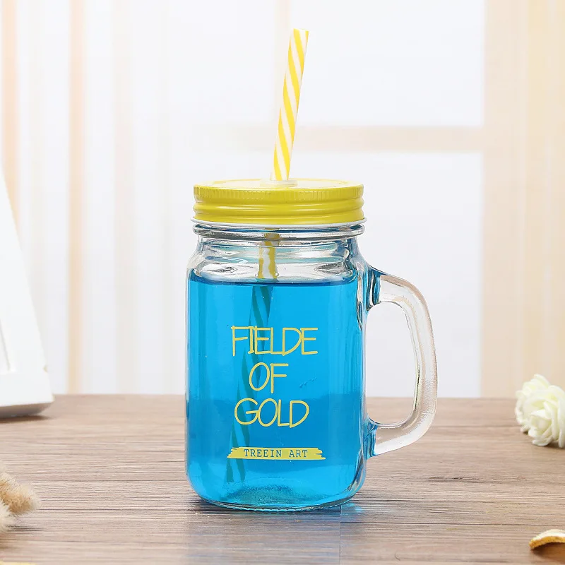 450 мл стеклянная чашка для напитков, летняя чашка для сока, креативная Однослойная бутылка с соломенной крышкой - Цвет: Цвет: желтый