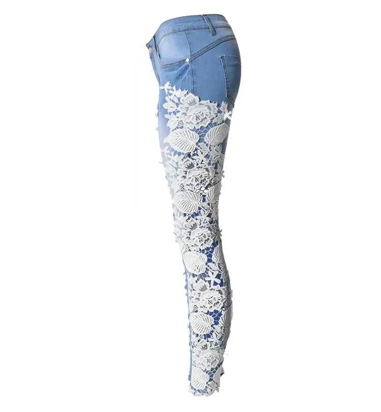 Женские модные джинсы с боковым кружевом, выдалбливают, обтягивающие джинсы, женские узкие брюки, лоскутные брюки для женщин, ropa mujer QL2143