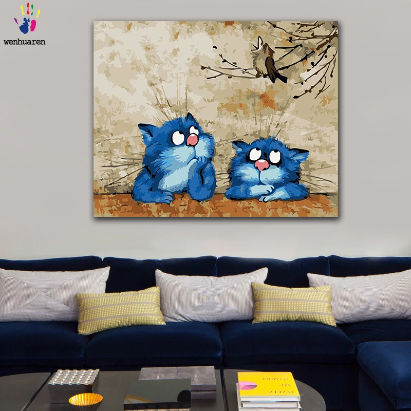 

DIY Coloring paint by numbers Two little blue cats with little bird animals figure paintings by numbers with kits 40x50 framed