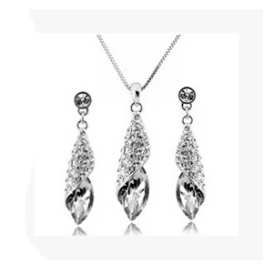 

New Hot selling Wholesale Silver Plated Crystal tear Water Drop Pendant Necklace Stud Earring fashion Jewelry Set For Women