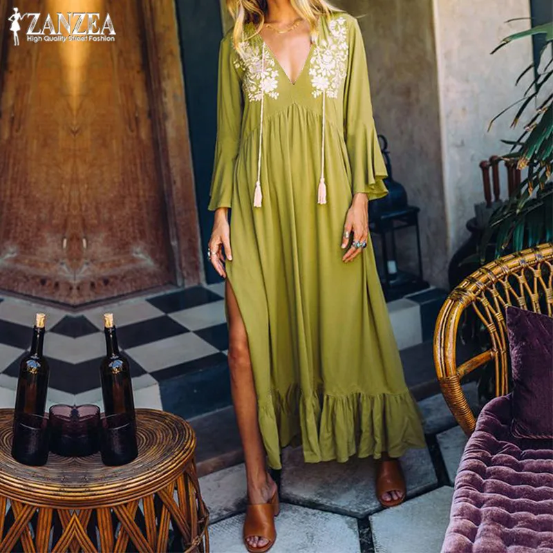 البوهيمي الشاطئ طباعة اللباس المرأة الكشكشة فستان الشمس 2019 ZANZEA مثير V الرقبة سبليت ماكسي Vestidos الإناث مضيئة كم رداء فام