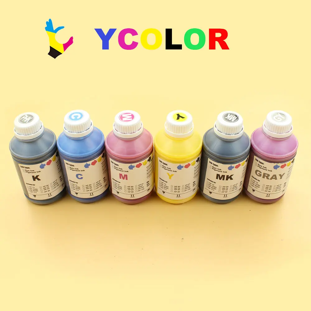 

Fast shipping !!! 6color/lot 500ml/bottle MK Pigment Ink BK C M Y GY Dye ink For HP T610 620 790 110 1120 1200 1300 2300 Printer