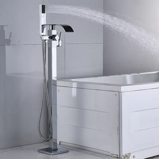 Chrome Floor Standing Bathtub Faucet Single Handle Hot Cold Bath