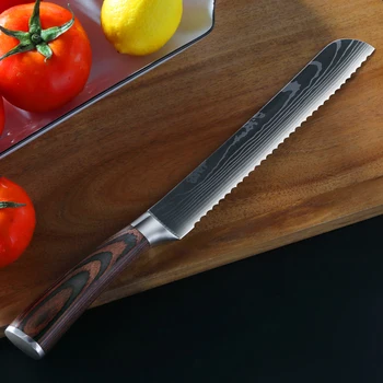 

Damascus Stainless Steel Slicing Bread Knife 8 inch Kitchen Knives Serrated Design Cutter For Cutting Bread Cheese Cake