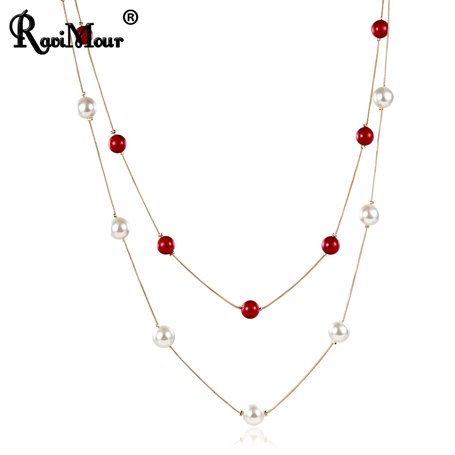 RAVIMOUR 4 цвета, красное ожерелье с искусственным жемчугом, Женская Длинная цепочка, многослойное колье, ювелирное изделие, трендовые аксессуары для свитера