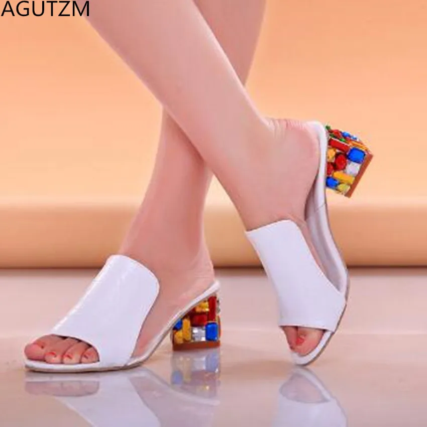 AGUTZM 2018 бренд большие размеры 34-41 красочные хрустальные стразы каблуке с открытым носком Летняя женская обувь женские Босоножки тапочки w53