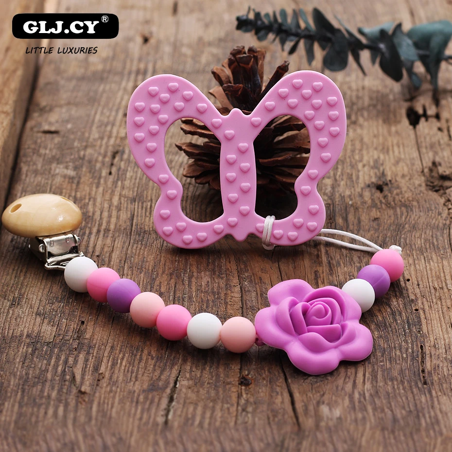1 шт., Силиконовая пустышка без бисфенола, пищевая Силиконовая пустышка DIY, ожерелье, подарок для ребенка, мультяшное животное, Детская молярная игрушка - Цвет: Pink Butterfly