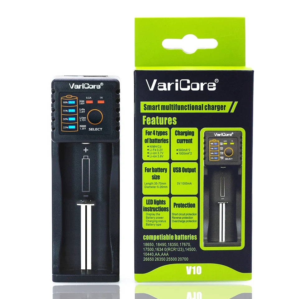 Varicore V40 v20i V10 U4 Батарея Зарядное устройство для 3.7 В 18650 26650 18500 16340 14500 18350 Li-Ion Батарея 1.2 В AA/AAA NiMH батарей