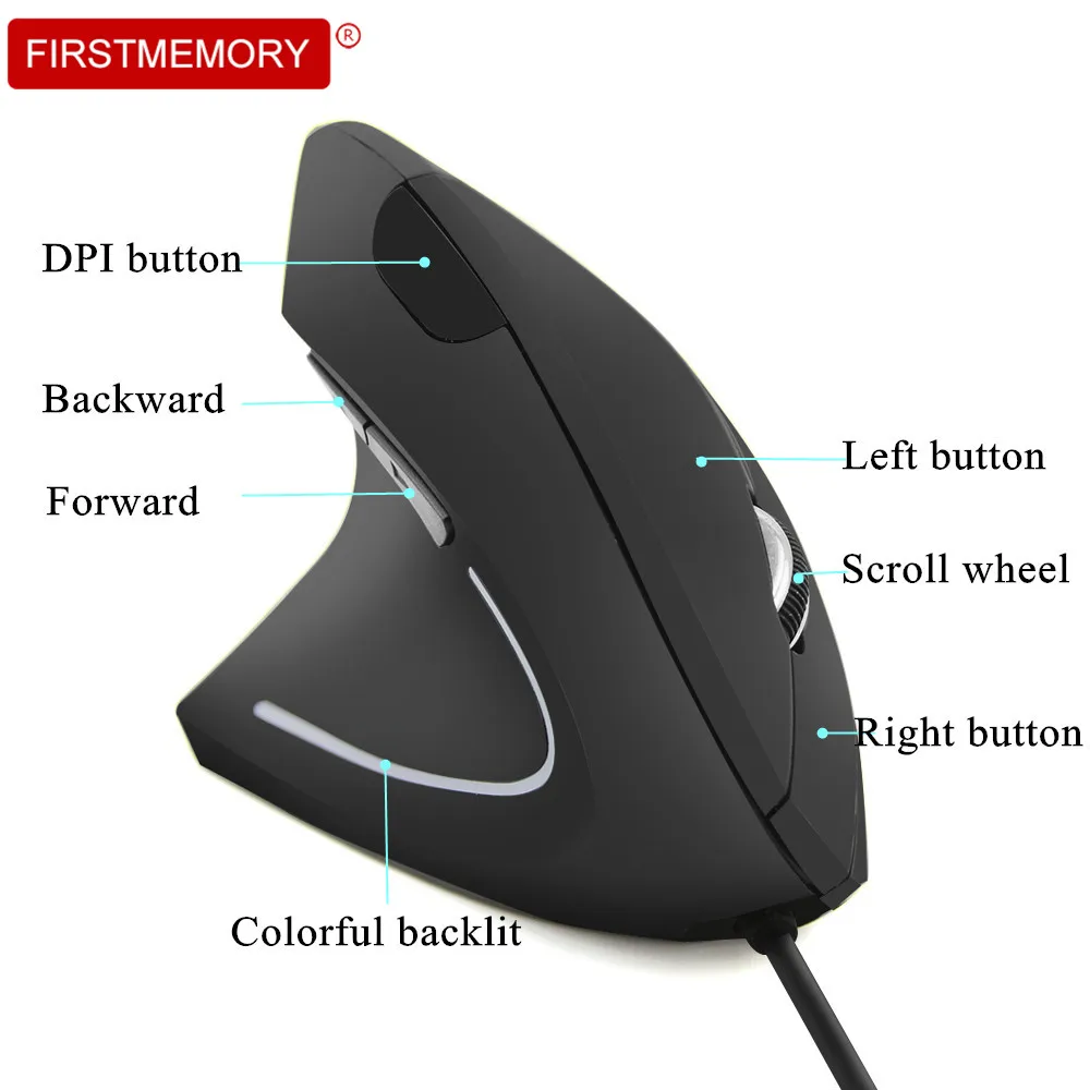 Проводная вертикальная мышь с левой рукой эргономичная игровая 1600DPI USB