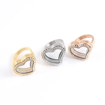

Stainless Steel Silver Rose Gold Heart With Rhinestones Blossom Finger Ring for Women Engagement Fashion Floating Locket Ring