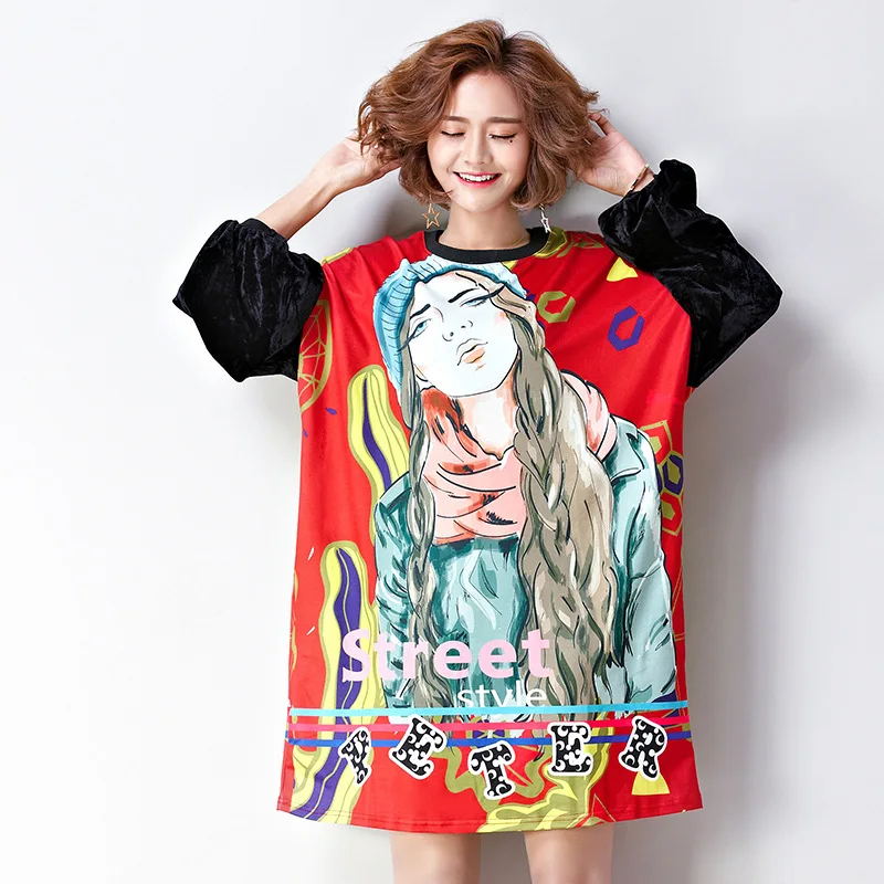 2017 Autumn Women Oversized T shirt Korean Fashion Loose Velvet Long