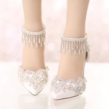 

White Pointed Crystal Wedding Shoes Thin Heel Super High Heels Bridal Shoes Rhinestone Buckle Tassel Female Red Bottoom Sandals