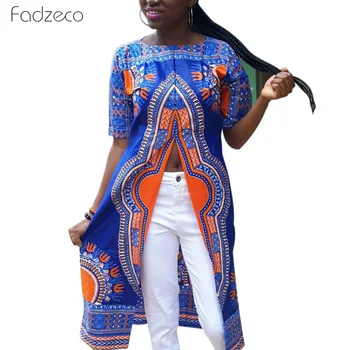 

Fadzeco African Dress For Women Back zipper Square Neck Slit Midi Dress Short Sleeve Tribal Pattern Printed African Clothes