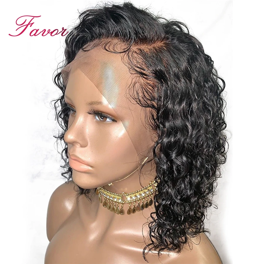 

Brazilian Short Remy Human Hair Curly Wigs For Women 13x4 Glueless Side Bangs 150% Density Cut Bob Lace Front Wig With Baby Hair