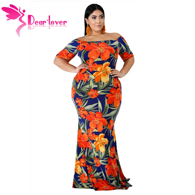 

Dear Lover Off the Shoulder Plus Size Maxi Party Dress Women Floral Print Slash Neck Short Sleeve Summer Mermaid Dress LC610608